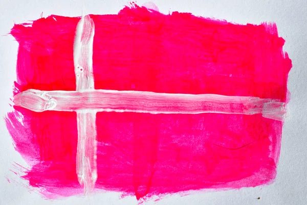 White cross on red painted with watercolors on a white background similar to the flag of Denmark.