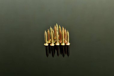 Kendine dokunan birkaç vida parçası, altın rengi, yakın plan, koyu bir arka planda duruyor..