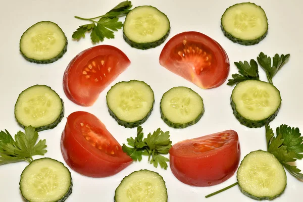 Texture Pattern Created Vegetables Cucumbers Tomatoes Cut Circles Spread Out — Stock Photo, Image