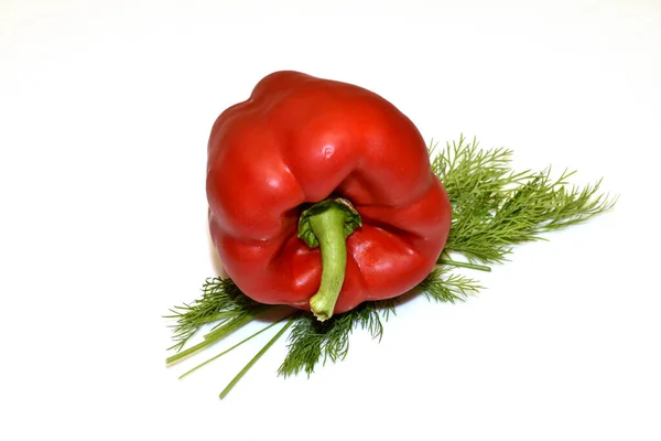 Rote Paprika Liegt Auf Einem Bund Dill Draufsicht Tolles Foto — Stockfoto