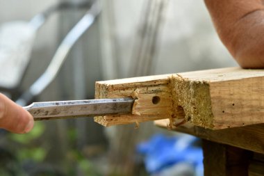 Bir marangoz keskiyle tahtadan bir parça odun kırar..