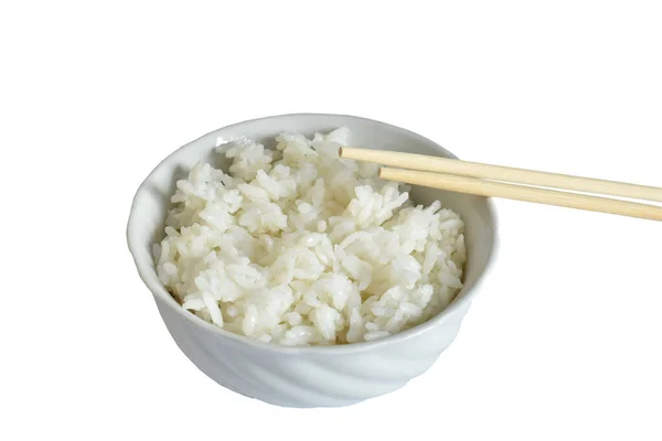 Gekookte Rijst Een Metalen Kom Witte Achtergrond Rijst Koreaanse Rijstkom — Stockfoto