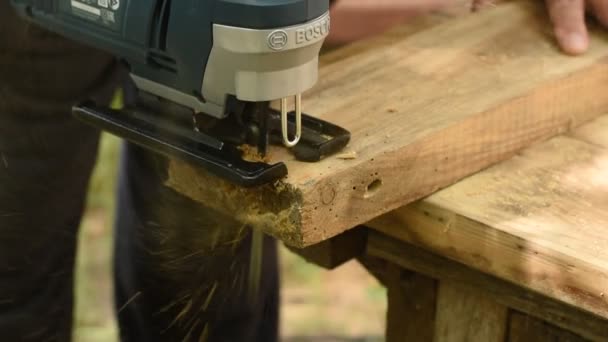 Carpenter Works Electric Tool Jigsaw Master Cuts Extra Part Board — Stockvideo