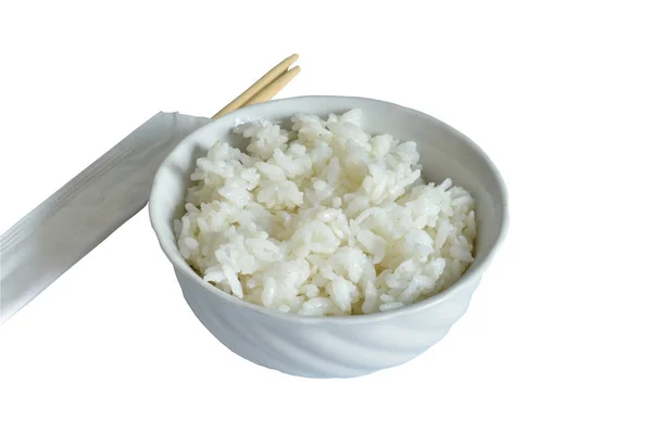 Gekookte Witte Rijst Een Ronde Plaat Twee Stokjes Een Verpakking — Stockfoto