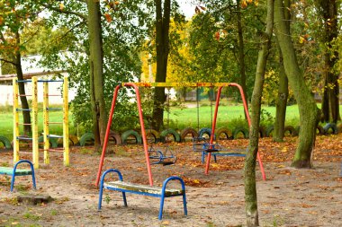Sonbaharda uzun ağaçlardan oluşan bir park, çimlerde sarı yapraklar ve çocuk salıncağı..