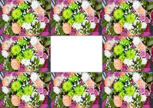 A collage of several photographs depicting bouquets of flowers and a white field for congratulatory text in the middle. Greeting card. Created with GIMP
