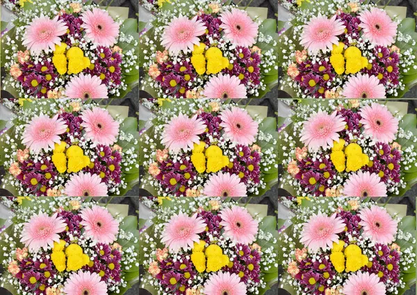 A collage of one photo depicting a bouquet of flowers, which is repeated several times. Greeting card. Created with GIMP