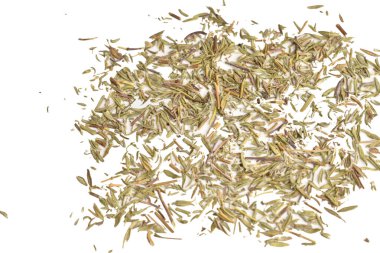 Dry thyme seeds, ready-to-eat product, on a white background. Close-up. clipart