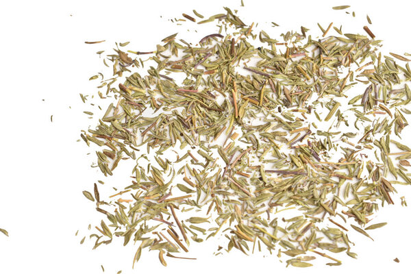 Dry thyme seeds, ready-to-eat product, on a white background. Close-up.