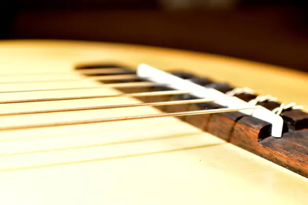 Akustik gitarın köprüsündeki tellerin görüntüsü.