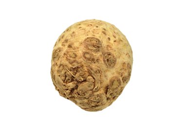 Pişirmede kullanılan yuvarlak kereviz kökü beyaz arkaplanda yatar