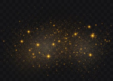 Toz kıvılcımları ve altın yıldızlar özel ışıkla parlıyor. Güzel ışıklar yanıp sönüyor. Parlak sihirli toz parçacıkları. Vektör illüstrasyonu.