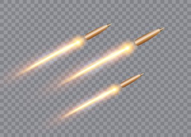 Gerçekçi uçan mermiler, ateşli izlerle birlikte hareket ediyor. Vektör illüstrasyonu.