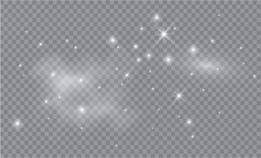 Beyaz kıvılcımlar ve altın yıldızlar özel ışıkla parlıyorlar. Şeffaf bir arkaplanda vektör parıldıyor. Noel ışığı etkisi. Parlak sihirli toz parçacıkları.