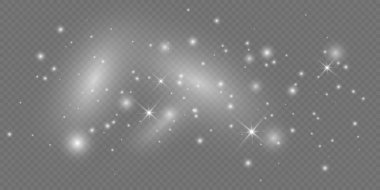 Şeffaf arkaplanda parlayan beyaz yıldızlar ve parıltılar