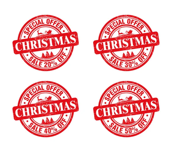 Christmas Sale Red Grunge Stamp Set Special Offer Percent Vector — Stock Vector