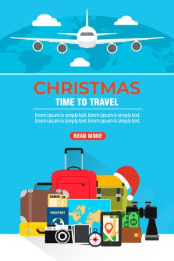 Düz dizayn tarzında seyahat etmek için Noel zamanı. Dünyayı uçakla dolaşmak. Vektör illüstrasyonu