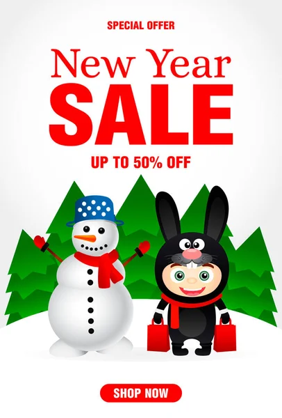 クリスマスの衣装のウサギの面白い雪だるまと子供と新年セールポスター 50割引で新年の販売バナーデザイン ベクターイラスト ストックイラスト