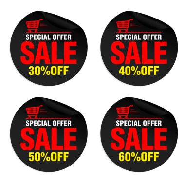 Alışveriş arabasıyla hazırlanmış kara indirim etiketleri. Özel teklif% 30,% 40,% 50,% 60 indirim. Vektör illüstrasyonu