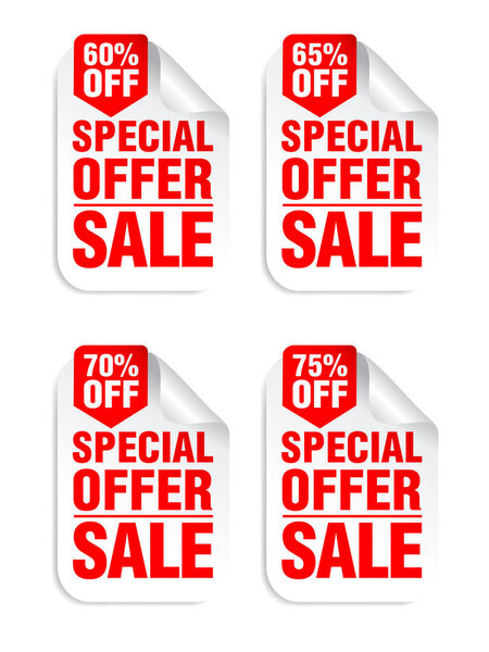 White sale stickers set with red ribbon. Sale 60%, 65%, 70%, 75% off discount. Vector illustration