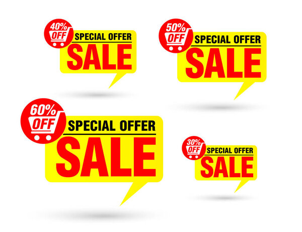 Sale yellow tag speech bubble set with shopping cart. Special offer 30%, 40%, 50%, 60% off discount. Vector illustration