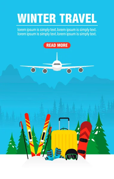Winter Holidays Travel Web Banner Concept Design Flat Vector Illustration —  Vetores de Stock