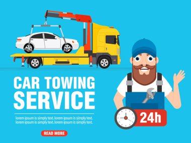 Araba çekme servisi konsepti tasarımı düz afiş. Vektör illüstrasyonu