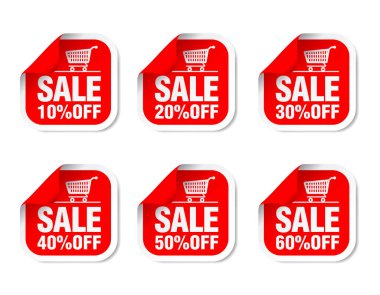 Red sale stickers set with shop cart. Sale 10%, 20%, 30%, 40%, 50%, 60% off discount. Vector illustration clipart