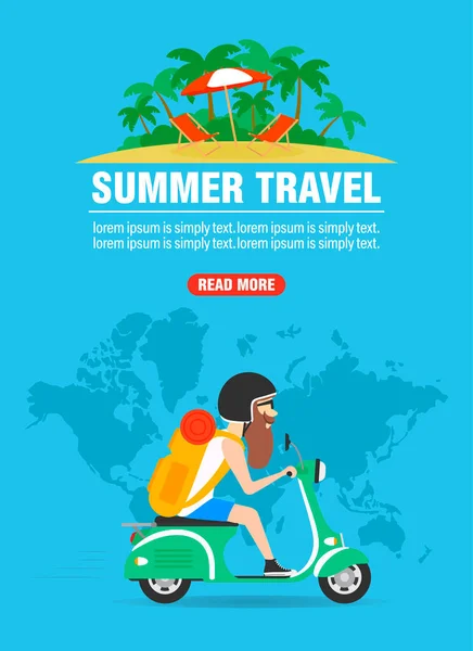 夏の旅行 スクーターのフラットデザインのヒップスター旅行者 ベクターイラスト — ストックベクタ