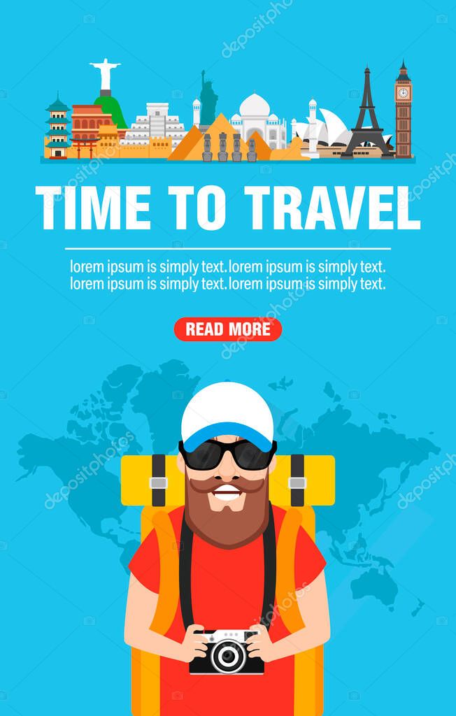 Time to travel. Around the world concept design flat with traveler. Vector illustration