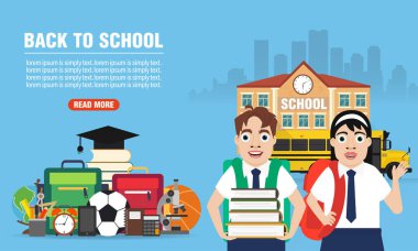 Okul konseptine geri dönelim okul üniformalı kız ve oğlanlarla düz pankart tasarlayalım. Vektör illüstrasyonu