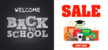 Okul satışına tekrar hoş geldiniz. Okul satışı konsepti düz tasarım posteri. Vektör illüstrasyonu