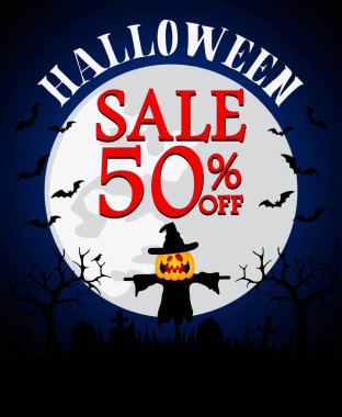 Cadılar Bayramı indirimi% 50 indirimli. Mezarlıkta bostan korkuluğu kabağı var. Vektör illüstrasyonu