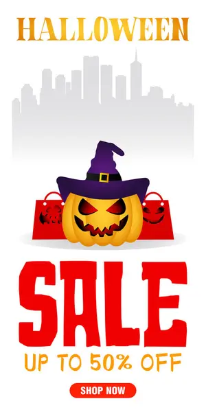 Vente Halloween Affiche Blanche Bannière Avec Citrouille Drôle Paquets Vente — Image vectorielle