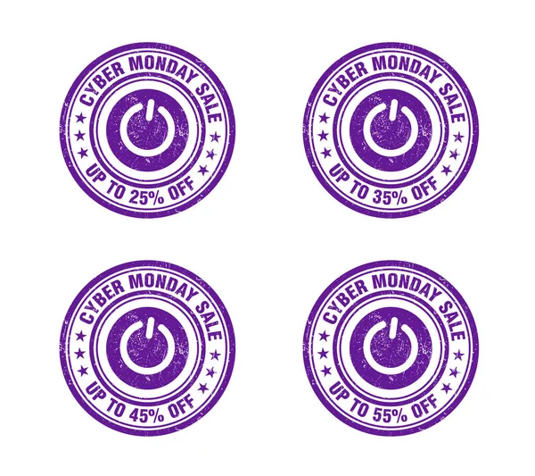 Кіберпонеділок Продаж Фіолетовий Гранжевий Набір Марок Продаж Відсотків Знижки Векторні Стокова Ілюстрація