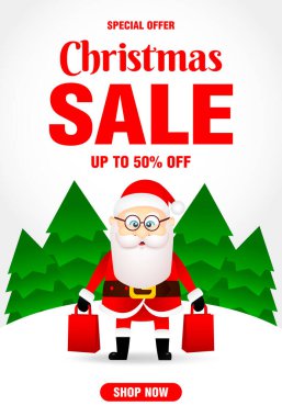Komik Noel Baba 'lı Noel indirimi posteri. % 50 indirimli Noel pankartı tasarımı. Vektör illüstrasyonu