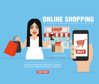 Çevrimiçi alışveriş konsepti modern tasarım dairesi. Vektör illüstrasyonu