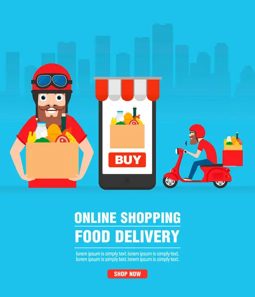 Online Nakupování Koncepce Dodávky Potravin Plochá Vektorová Ilustrace Vektorová Grafika