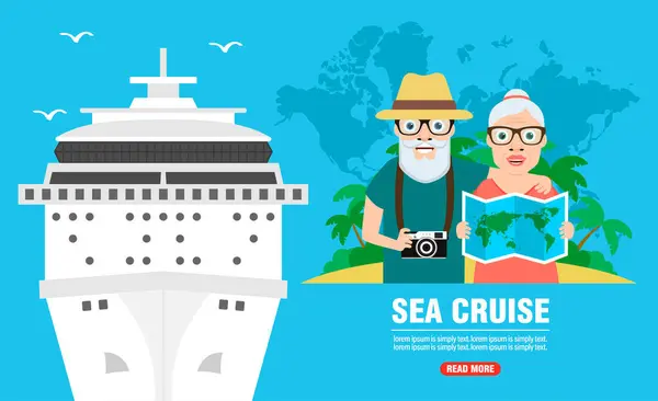 Sea Cruise Vacation Elderly Couple Time Travel Concept Design Flat ロイヤリティフリーストックベクター