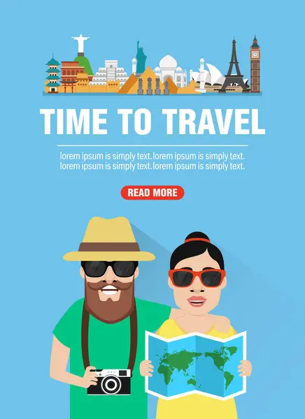 Time Travel Journey Young Couple Concept Design Flat Banner Vector Ilustrações De Stock Royalty-Free