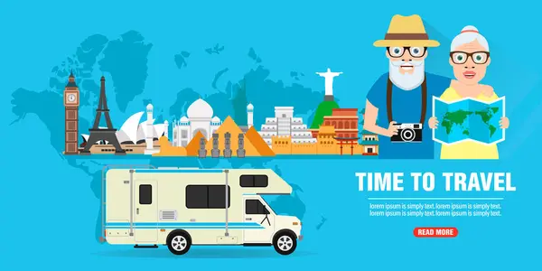 Tiempo Para Viajar Camper Viaje Pareja Ancianos Concepto Diseño Banner Gráficos Vectoriales