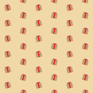 Kırmızı kurdeleli açık kahverengi hediye kutuları. Kusursuz desenli vektör ışık arkaplanı.