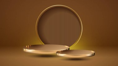 İki uçan Altın Podyum, altın çember arka plan, dokusu lüks, boş sunum stüdyo ürün dekorasyonu.