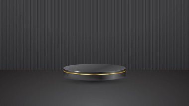 Gösterişli 3D Parlak Siyah Podyum, Sahne Işığı Altında Altın Ürün, Gösteri Odası, Gösteriş ve Mockup