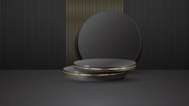 Lüks podyum soyut tasarımı siyah şeritli arka planda koyu altın rengi. Ürün gösterimi için en iyi tasarım