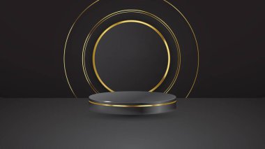 Soyut gerçekçi 3D siyah ve altın renkli kaidesel podyum dairesel pencerede altın parıltılarla. Ürün gösterimi için lüks siyah mimal sahne