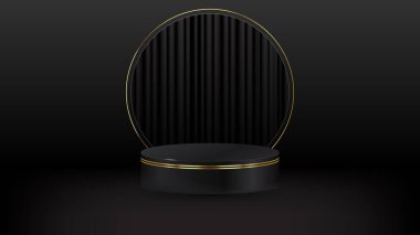 Üç gerçekçi üç boyutlu siyah silindir kaide seti ve arka planda koyu perdeler. Ürünlerin sahne gösterimi, tanıtım görüntüsü için asgari duvar sahnesi. hisse illüstrasyonu