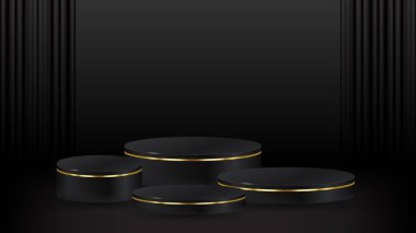 Sahne arkası koyu renk perdeli dört boyutlu siyah silindir kaidesel podyum seti. Ürünlerin sahne gösterimi, tanıtım görüntüsü için asgari duvar sahnesi. hisse illüstrasyonu