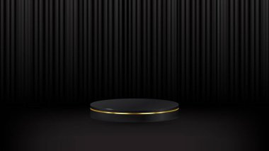 Gerçekçi 3D siyah, siyah silindir kaide seti, sahne ışığı arka planında koyu perdeleri var. Ürünlerin sahne gösterimi, tanıtım görüntüsü için asgari duvar sahnesi. hisse illüstrasyonu