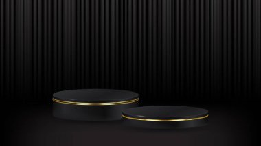 Gerçekçi 3D siyah, silindir kaidesel podyum seti koyu perde arkaplanı. Ürünlerin sahne gösterimi, tanıtım görüntüsü için asgari duvar sahnesi. hisse illüstrasyonu